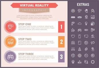 Virtual reality infographic timeline template, elements and icons. Infograph includes step number options, line icon set with virtual reality glasses, vr technology, video games, tech app etc.