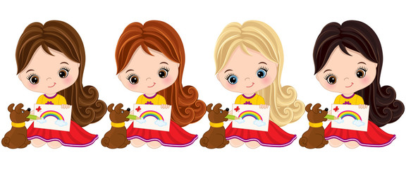 Fototapeta premium Vector Little Girls Draw. Vector Little Artists