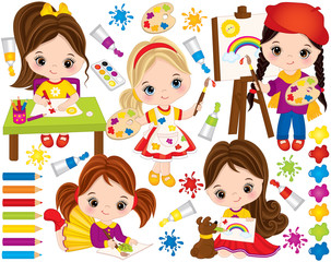 Vector Set with Cute Little Girls and Paint Elements. Vector Little Artists