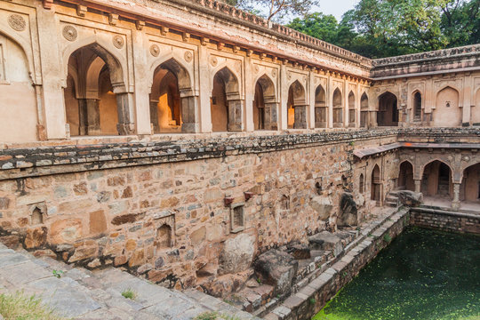 Rajon Ki Baoli step well in the Mehrauli Archaeological Park in Delhi, India
