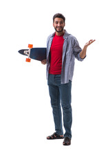 Young skateboarder with a longboard skateboard isolated on white