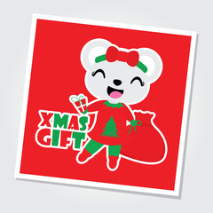 Cute bear girl brings Xmas gift bag vector cartoon illustration for Christmas card design, wallpaper and greeting card 