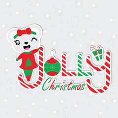 Cute bear girl on Jolly Christmas text vector cartoon illustration for Christmas card design, wallpaper and greeting card 