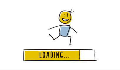 Cute little character running with loading bar reaching the end. Concept symbolizing progress. Vector doodle illustration