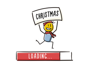 Happy little character happily running with christmas message above his head and a loading bar above him. Christmas is coming concept. Vector doodle illustration