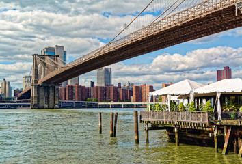 Brooklyn Bridge with lower Manhattan in the background.
