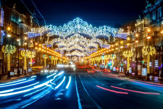 St. Petersburg new year. Nevsky Prospect. New Year's holidays in St. Petersburg. Russia.