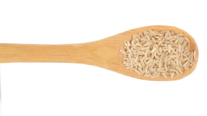 Grains over wooden bamboo spoon. Isolated, White background.