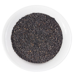 Top view of grains on ceramics bowl.