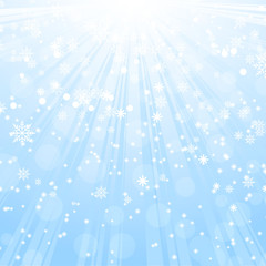 Abstract Christmas background with sun rays and snow. Vector