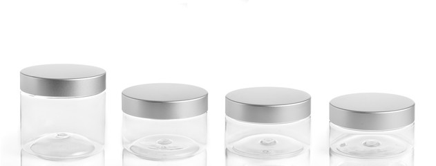 set empty plastic, glass jars cosmetic, lotion packaging on a white background