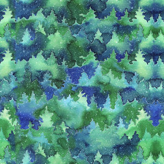 .Winter background with a Christmas tree in the snow. Watercolor seamless pattern with a winter landscape. Painted illustration of a winter scene