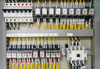 Electical distribution fuseboard. Electrical supplies. Electrical panel at a assembly line factory....