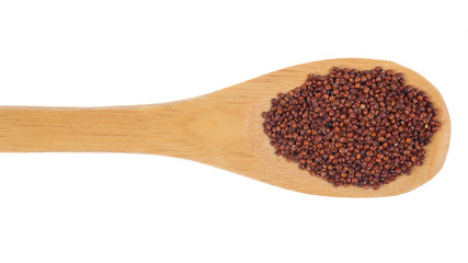 Grains over wooden bamboo spoon. Isolated, White background.