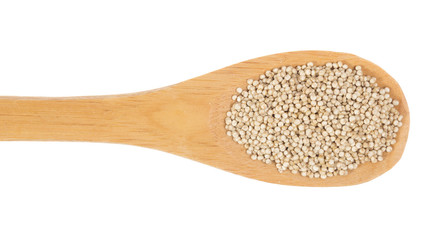 Grains over wooden bamboo spoon. Isolated, White background.