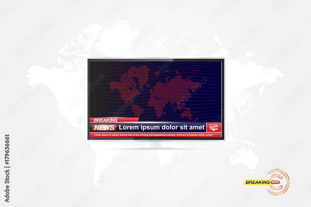 Poster breaking news in realistic tv screen in modern style on background with world map. flat vector illus
