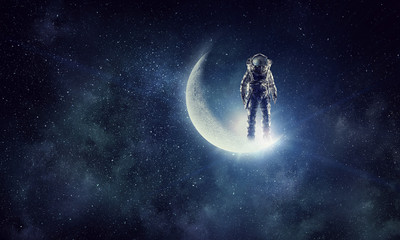 Astronaut explorer in sky. Mixed media
