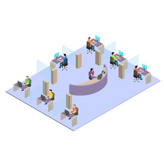 young people working at the computer in the office, isometric image
