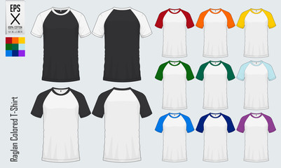 Raglan round neck t-shirts templates. Set of colored sleeve jersey mockup in front view and back view for baseball, soccer, football , sportswear or casual wear. Vector illustration.