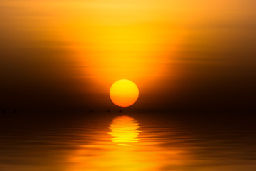 Fototapeta na wymiar Big sunrise in golden hour at the lake.