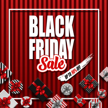 Black Friday sale banner with different gift boxes on red striped background