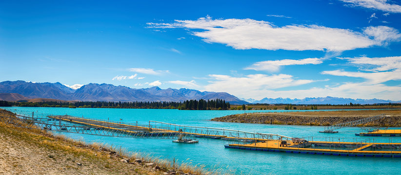 Panorama At Salmon Fish Farm , South Island, New Zealand