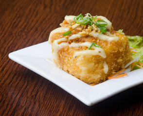 japanese cuisine. fried tofu on the background