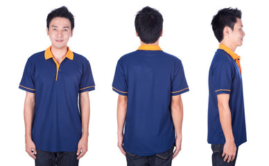 man with blue polo shirt on white background