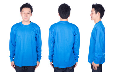 man in blue long sleeve t-shirt isolated on white background