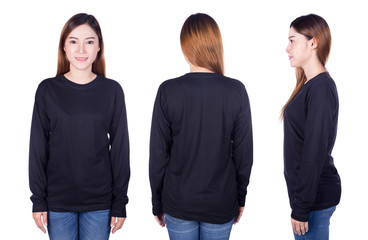 woman in black long sleeve t-shirt isolated on white background
