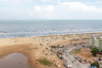 Birds eye view from light house. Temporary water pond formed in the marina beach due to heavy rainfall.ts longest natural urban beach in India and one of the world's longest beach ranking.