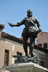 Naklejka premium Bronze Statue Don Alvaro de Bazan, Famous Admiral, Plaza de la Villa, Madrid Spain. Statue in front of Casa de Cisneros, created in 1891 by sculptor Mariano Benlliure. 