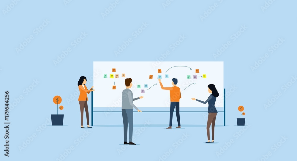 Poster group business team meeting and project brainstorming process concept