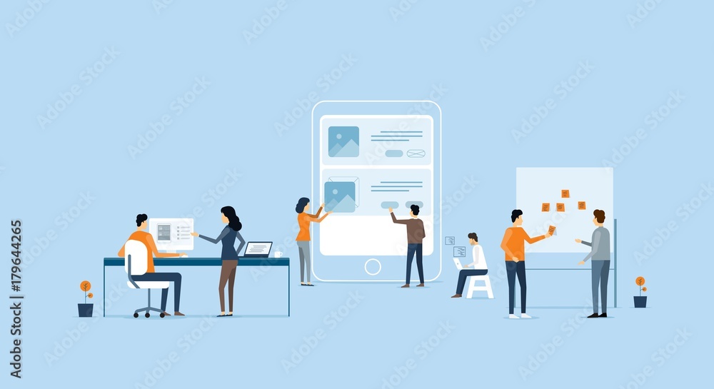 Aufkleber mobile application development and design process concept with business team working concept