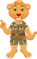 Fototapeta premium cute lion cartoon standing with smileand pointing 