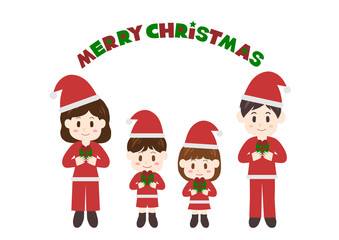 クリスマスのイラスト: サンタ姿の家族とプレゼント 