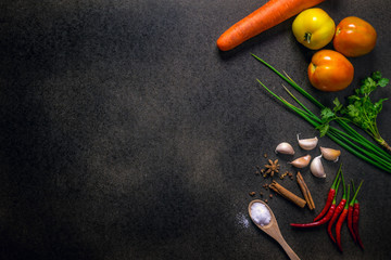 Fresh Vegetables for Healthy Diet on a rustic table. Top view, copy space, dark background