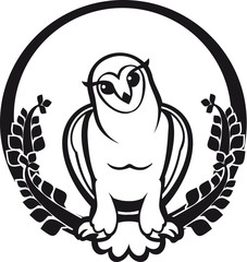 black and white owl sitting label circular