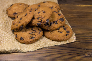 Chocolate chip cookies on wooden table