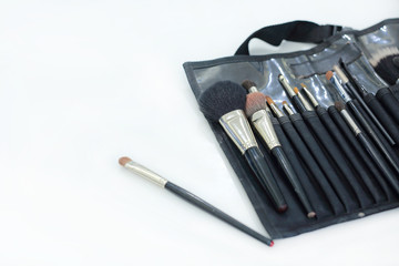 Makeup brushes set on white background.