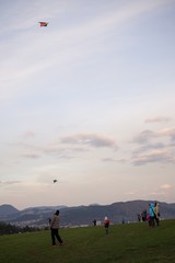 Obraz na płótnie Canvas Children playing with kite on meadow. Slovakia