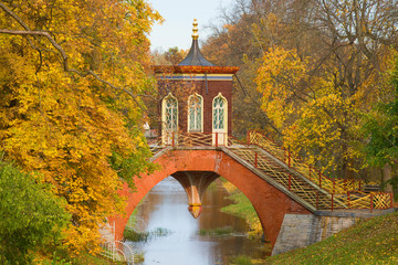 Obraz premium Cross bridge close-up in the autumn landscape. Tsarskoye Selo, Saint Petersburg