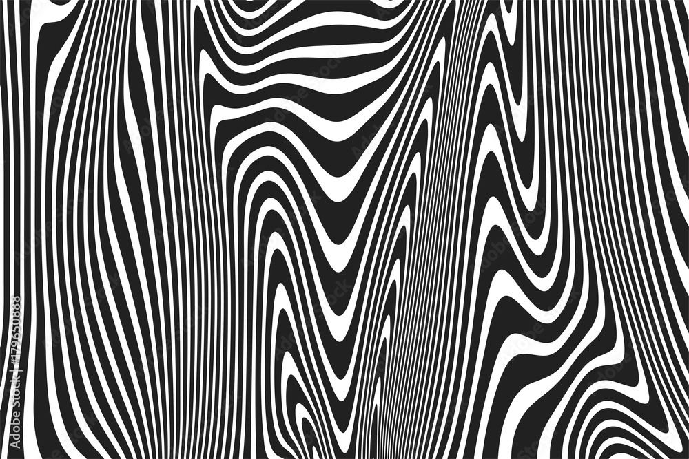 Aufkleber Abstract wavy black and white stripes pattern of twisted curved ripple lines background. Vector modern trendy background curves or geometric zebra backdrop