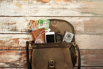 Traveler items vacation travel accessories holiday long weekend day off travelling stuff equipment background view concept 
