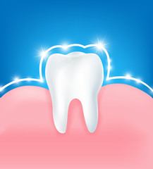 Naklejka premium Clean and strong white tooth with glittering bright aura protection light element on blue background