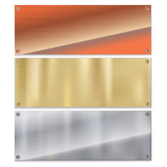 Shiny brushed metal plate. Banners from copper, bronze and steel with with reflections and scratches on white background Stainless steel background, 3D illustration for you posters or ad