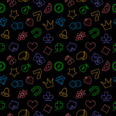 Casino symbols simple line style seamless pattern. Vector background