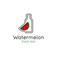 Smoothie bar minimalistic logo. Vector line style emblem with watermelon and bottle.