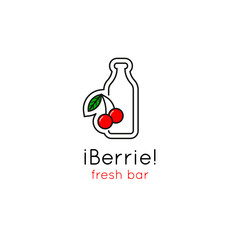 Smoothie bar minimalistic logo. Vector line style emblem with cherrie and bottle.