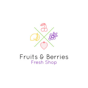 Fruits and berries line style logo for shop and cafe. Vector emblem